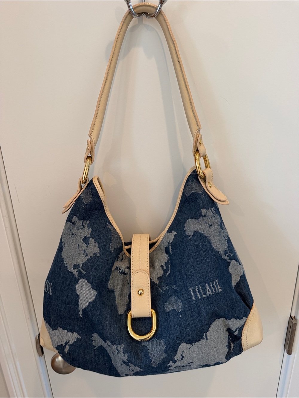 Alviero Martini Denim World Map Shoulder Bag in Blue and Cream Trim